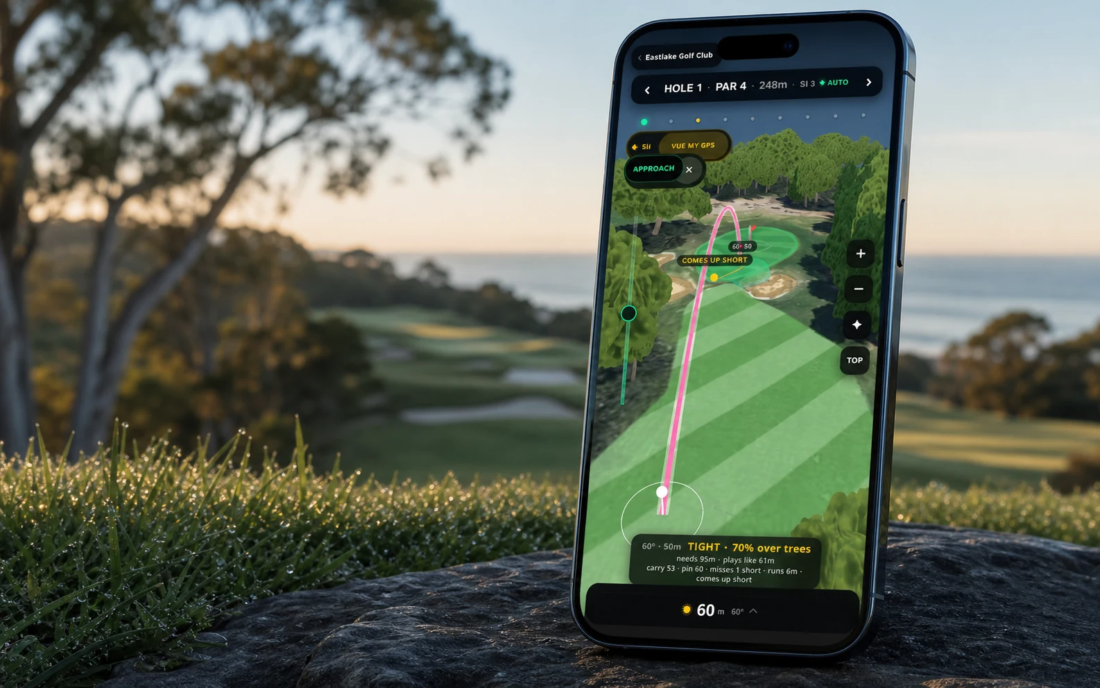 The Eastlake FairwayFinda Caddie displayed on a Deep Blue iPhone 17 Pro on an Australian golf course