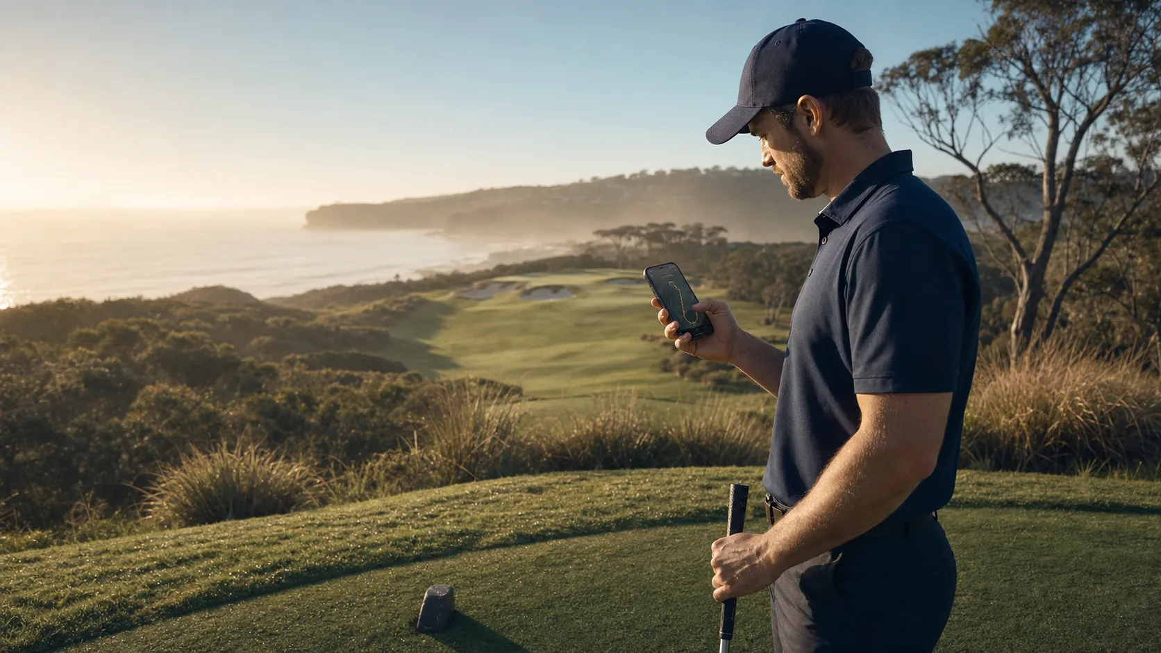 A golfer using FairwayFinda on an Australian coastal golf course at sunrise