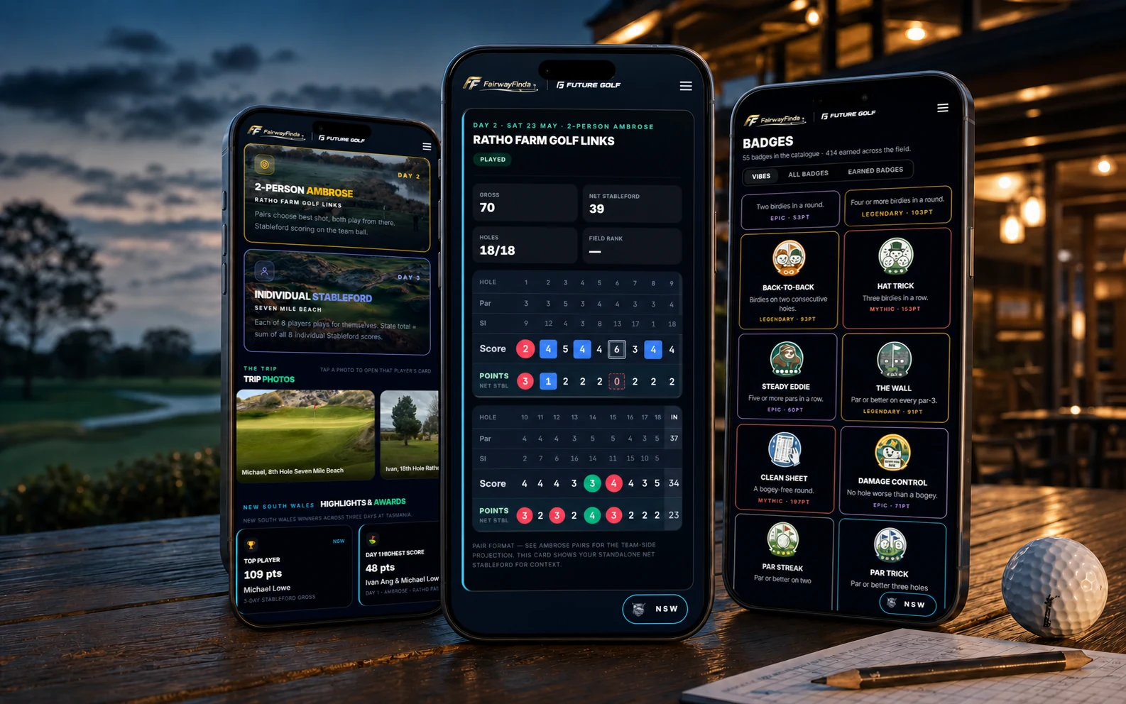 State Champs trip overview, individual round performance and earned badges presented across three phones at an Australian golf clubhouse