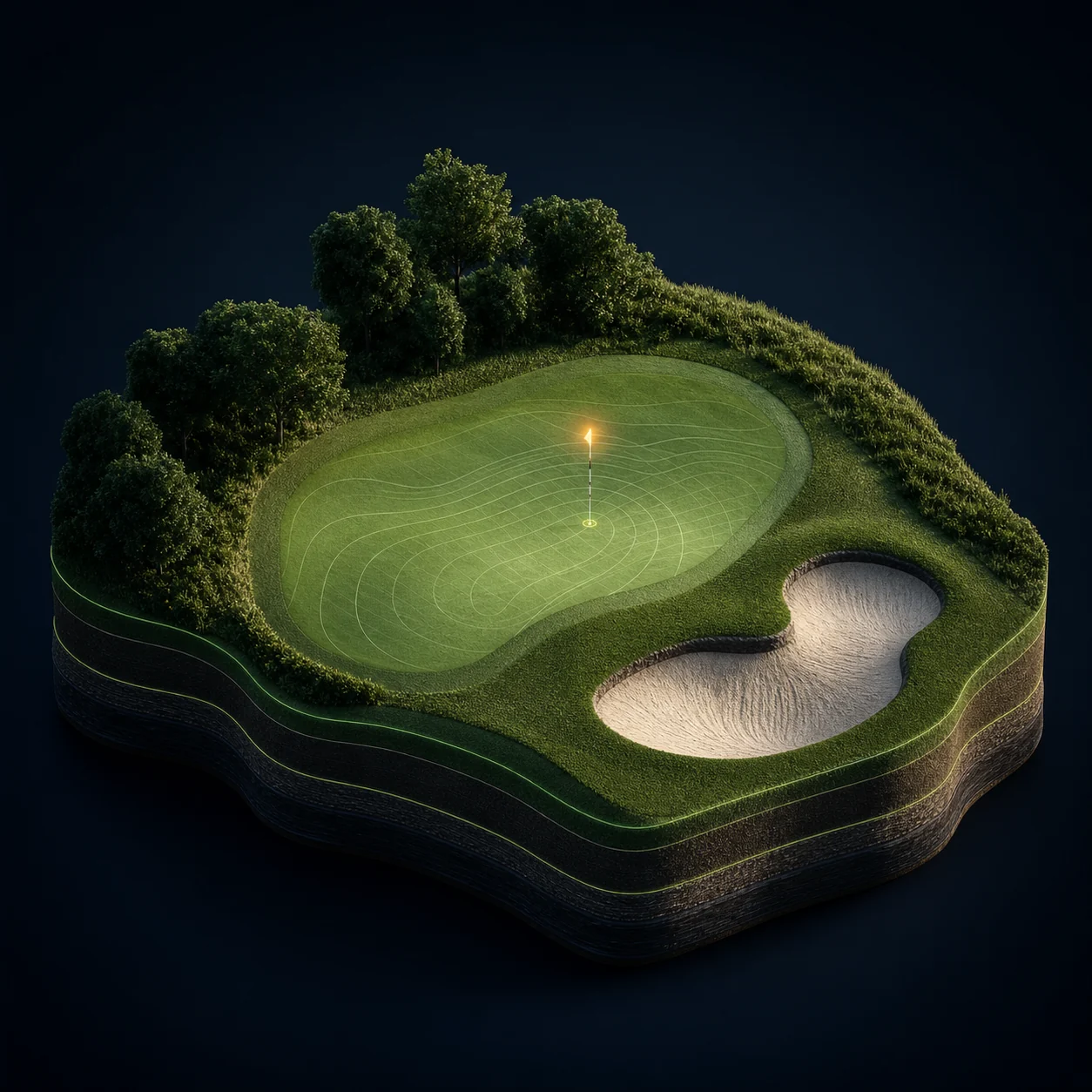 A measured golf green and bunker rebuilt as layered 3D terrain